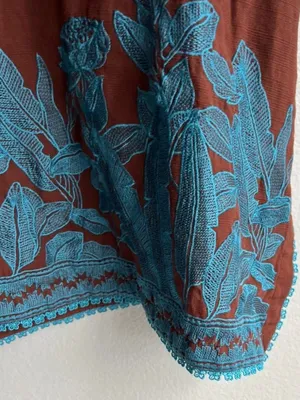 Vintage Mexican American long-sleeved Cotton tunic teal embroidered Brown floral thumbnail 10