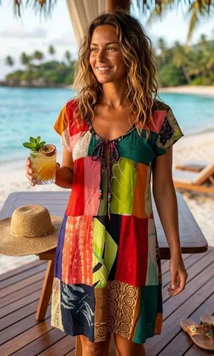 Peaceful People Multicolor Patchwork Rayon Resort Sundress S M Beach Cover Up thumbnail 1