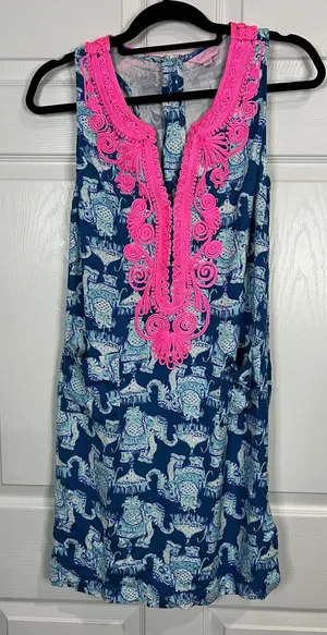 Lilly Pulitzer Mila Shift Dress Women Blue Pink Elephant Soutache Pockets - 4 thumbnail 1
