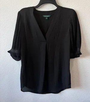 Lauren Ralph Lauren Black V-Neck Pleated Flutter Sleeve Blouse thumbnail 1