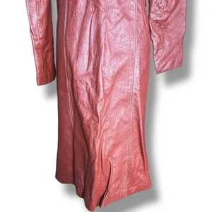 Vintage 70s Burgundy Leather Longline Trench Coat White Whipstitch Western Ranch thumbnail 11
