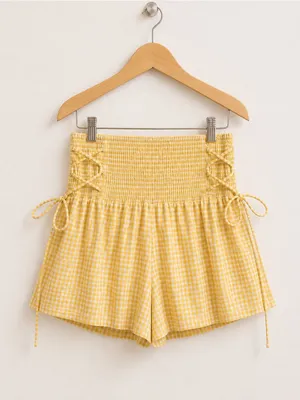 Rays For Days Summer Yellow And White Smocked Gingham Lace Up Tie Side Shorts thumbnail 2