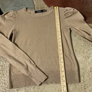 Lauren Ralph Lauren Puff Sleeve Crew Sweater Womens XS Tan Cotton Modal Knit thumbnail 2