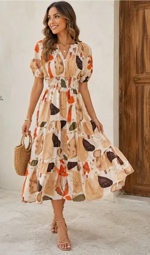 Entro Women’s Floral Midi Dress Size S Beige Orange Smocked Puff Sleeve thumbnail 1