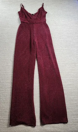 Mi Ami Glitter Jumpsuit Womens XXS Red Faux Wrap Wide Leg Holiday New Year Party thumbnail 1
