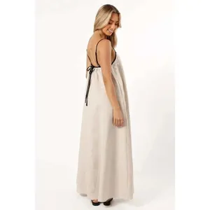 MVN Elliana Maxi Dress Beige Black Trim Linen Blend Relaxed Small thumbnail 2