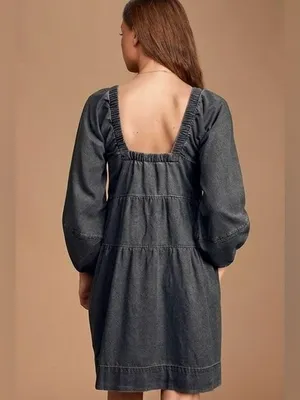 FREE PEOPLE Lou Jean Babydoll Dress in Black Grey Denim Oversized Boho Sz. S thumbnail 4