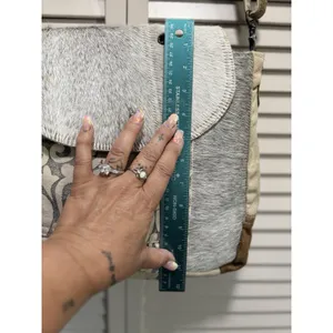 Myra Hair On Cowhide Leather Canvas Paisley Shoulder‎ Bag Boho Gray/Tan thumbnail 5