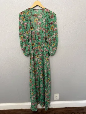 Free People Earthfolk Button Front Maxi Dress Size Small Ruched Sleeves V-neck thumbnail 2