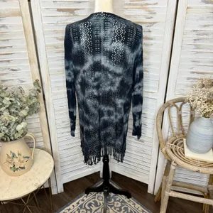 XCVI Women's L Cotton Fringe Open Crochet Knit Cardigan Sweater Bleached Tie Dye thumbnail 11