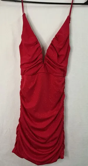 Red Glitter Ruched Bodycon Mini Dress thumbnail 1