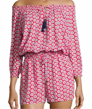 Tory Burch Red Daisy Floral Off Shoulder Romper Tassel Tie Size M thumbnail 1