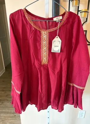 Entro Burgundy Boho Embroidered Bell Sleeve Blouse Top Medium NWT thumbnail 1