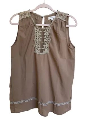 Umgee USA Taupe Brown Floral Lace Crochet Sleeveless Blouse Top Size Large‎ thumbnail 1