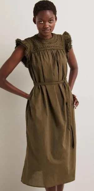 Boden Broderie Detail Midi Dress Eyelet Cotton Olive Green Size US 8P‎ Petites thumbnail 1