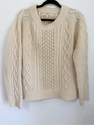 Lands end size medium women fisherman cable knit sweater crew lambs wool thumbnail 1