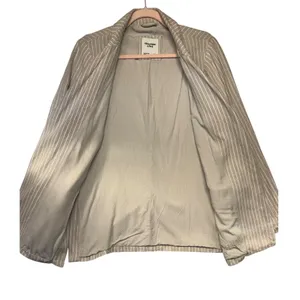 Abercrombie &‎ Fitch Womens L Tan White Striped Linen Blend Open Front Blazer thumbnail 6