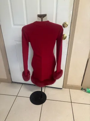 Large These Three Red Ribbed knit long sleeve faux fur Body con mini Dress. thumbnail 2