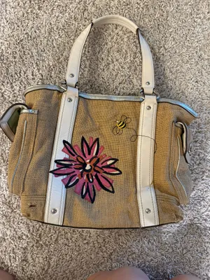 Coach Bumble Bee Handbag Straw Floral Tan White 2005 thumbnail 4