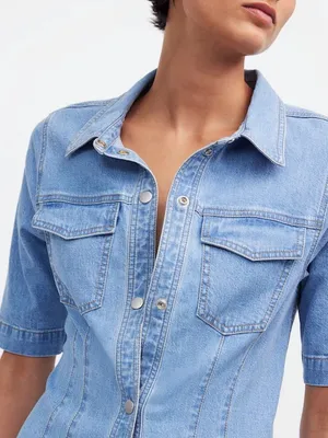 Madewell Denim Seamed Mini Shirtdress Palermo Wash Short Sleeve Buttons Size 6 thumbnail 5