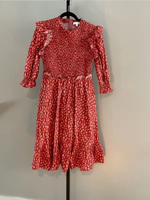 Karlie Smocked Poplin Midi Dress Prairie ruffle Red Leopard Print Size Large thumbnail 2