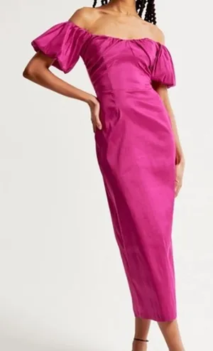 NWT Abercrombie & Fitch fuchsia off-Shoulder Puff Sleeve Midi Dress in Hot pink thumbnail 1