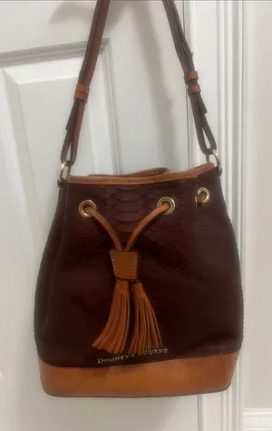 Dooney & Bourke Bag Python Embossed Leather Drawstring Saddle Brown Retail $348 thumbnail 1