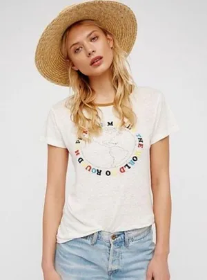 Free People Size Medium ‘Happiness Makes the World Go Round’ embroidered tee thumbnail 1