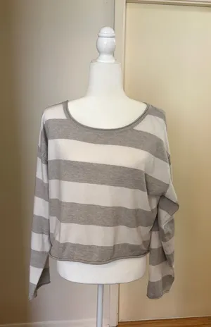 Light Gray and White Striped Boatneck Sweater thumbnail 1