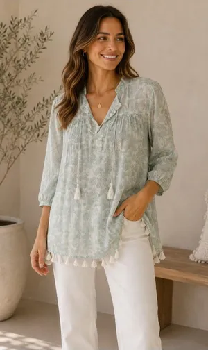 Roller Rabbit Tunic Blouse Womens M Green Floral Tassel 3/4 Sleeve Boho Top thumbnail 1