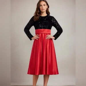 AO YAN Black Red Maxi Dress Long Sleeve Sequined Satin‎ Christmas Holiday C27 thumbnail 2