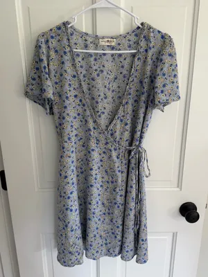 Natural Life Blue Floral Wrap Dress XS Boho Cottagecore Rayon Mini thumbnail 1