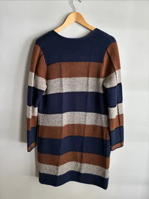 BCX Color Block Long Cardigan Sweater Womens M Open Front Navy Brown Boho Fall thumbnail 5