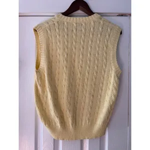 Vintage Benetton Yellow Cable Knit Sweater Vest Italy 100% Cotton V-Neck‎ Est. M thumbnail 2