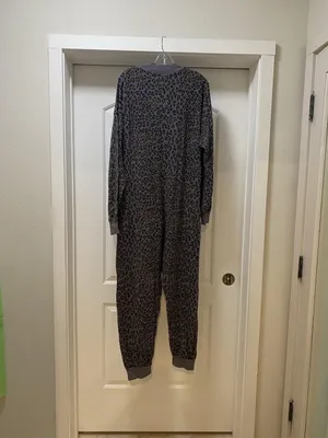 Free People Just Because Leopard Jumpsuit Womens Medium Gray Long Sleeve Lounge thumbnail 4