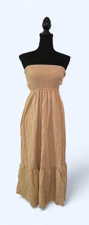 Tan strapless boho maxi dress cottagecore tiered festival size Small thumbnail 1