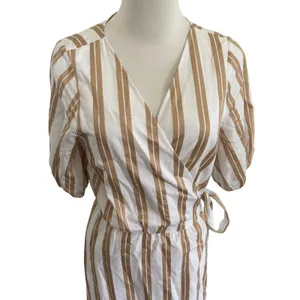 Ann Taylor Striped Midi Wrap Dress Sz M White Brown Puff Sleeves Coastal Chic thumbnail 2