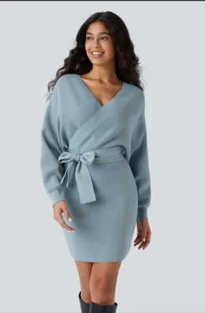 Halara crossover v neck batwing long sleeve belted mini sweater dress thumbnail 1