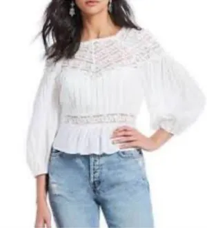 Free People Size Small White ‘Sweet Mornings’ Woven and Lace Top Peasant Boho thumbnail 2