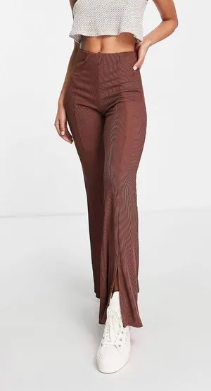 NWT ASOS New Look ribbed split front flare pants in brown thumbnail 3