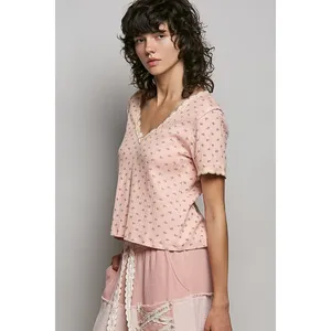 POL Floral V-Neck Short Sleeve Rib T-Shirt - Soft Pink - Medium thumbnail 3