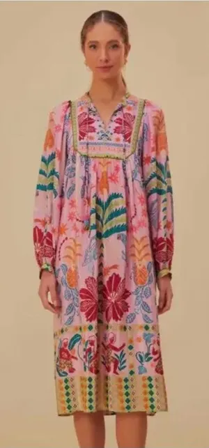 Fruits Queen Scarf Midi Dress Floral Bohemian Long Sleeve Size Medium thumbnail 1