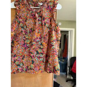 J. Crew Factory Women's Size Medium Sleeveless Ruffle Top Dark Green Pink Orange thumbnail 5
