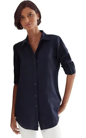 Lauren Ralph Lauren Navy Blue 100% Linen Roll-Tab Button Down Shirt‎ SP thumbnail 1