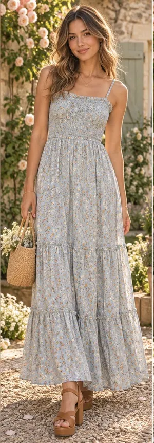 Altar’d State Blue Floral Smocked Open Back Tiered Maxi Dress XS Romantic thumbnail 1