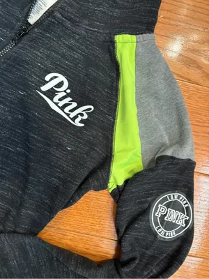 Victoria’s Secret PINK Zip Up Hoodie Small Black Neon Green Athletic Lounge Y2K thumbnail 2