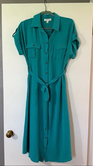 She + Sky Teal Button-Front Midi Shirt Dress with Tie Waist thumbnail 1