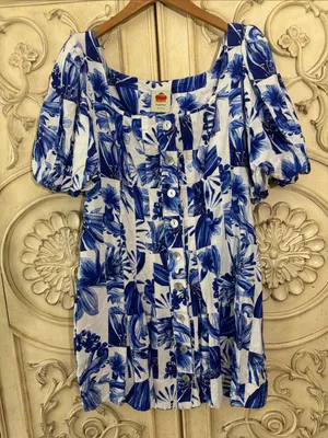 Farm Rio Garden Tiles Linen Puff Sleeves Mini Dress Size Large thumbnail 4