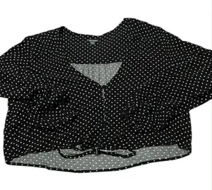 Wild fable szXXL LS blk white polka dots cropped button tie front blouse GUC thumbnail 1