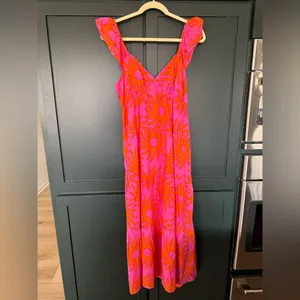 J. Marie Sun Print Tiered Midi Dress NWT Pink Orange Ruffle Summer Dress Size L thumbnail 3